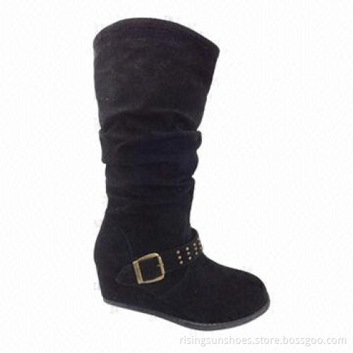 Women's trendy wedge heel dress boots, knee height style with tapes and metal rivets decorated